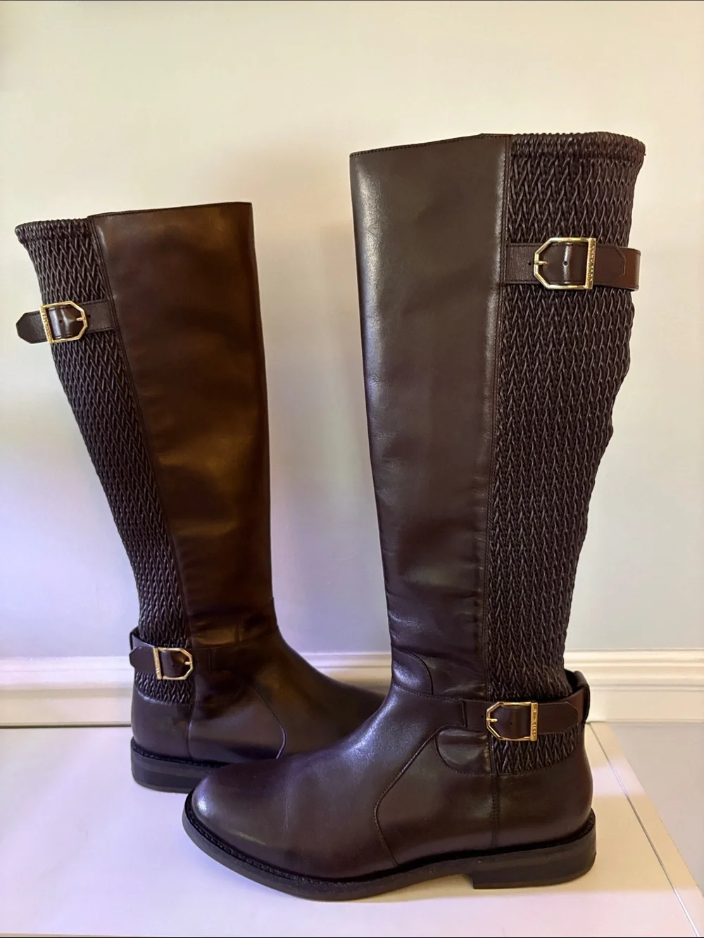 Cole Haan Brown Over-the-Knee Knit-Back Riding Boots